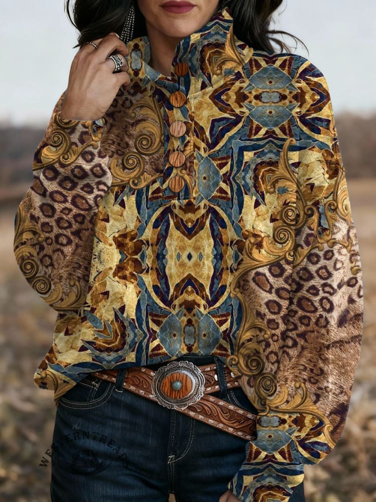 Retro Western Printed Button-up Sweatshirt