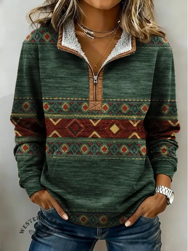 Retro Art Texture Print Casual Half-zip Cotton Patchwork Sweatshirt
