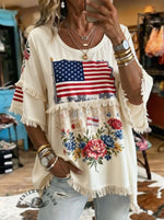 Women's Vintage US Independence Day Flowers Print Patchwork Casual Shirt