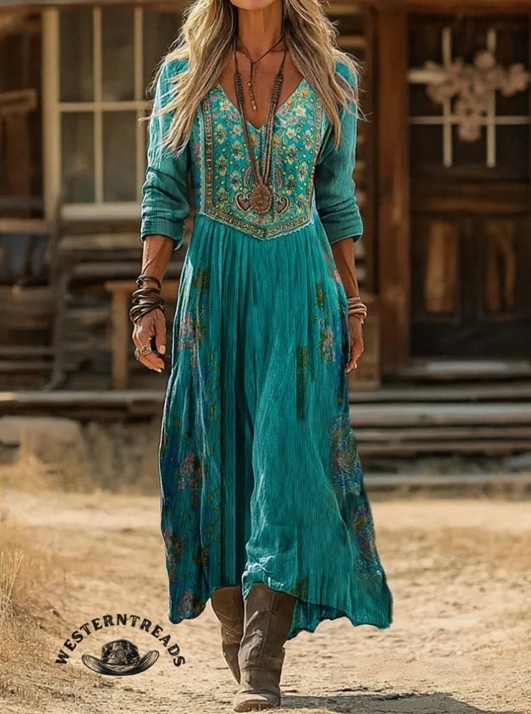 Vintage Print Casual V-neck Dress