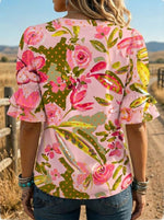 Women's Retro Floral Art Puff Sleeve Casual Shirt