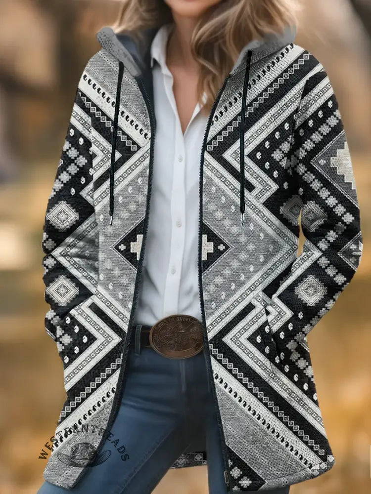 Aztec Print Unisex Plush Thick Long-sleeved Cardigan Coat