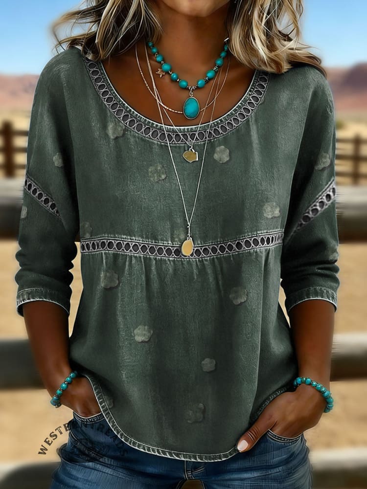 Women's Vintage Print Casual 3/4 Sleeves Hollow Denim Shirt
