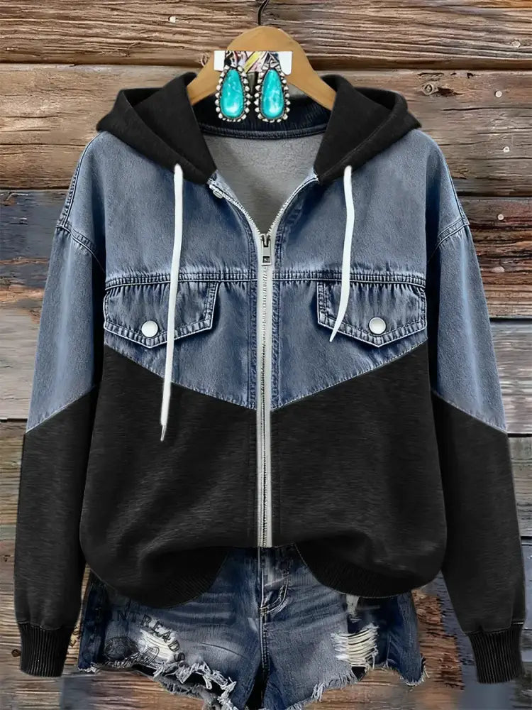 Casual Patchwork Denim Hooded Zip-up Cotton Sweatshirt