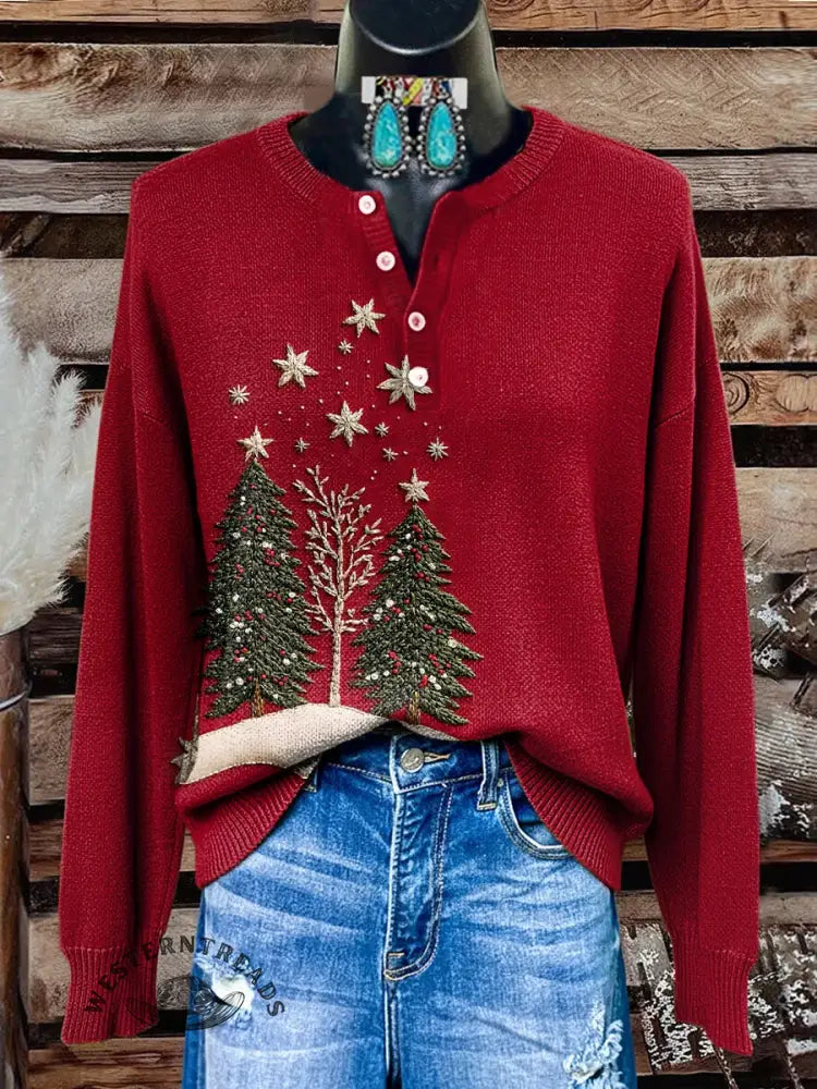 Retro Christmas Print Buttoned Cardigan Sweater
