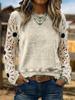 Vintage Western Art Soft Casual Crocheted Flowers Sweatshirt