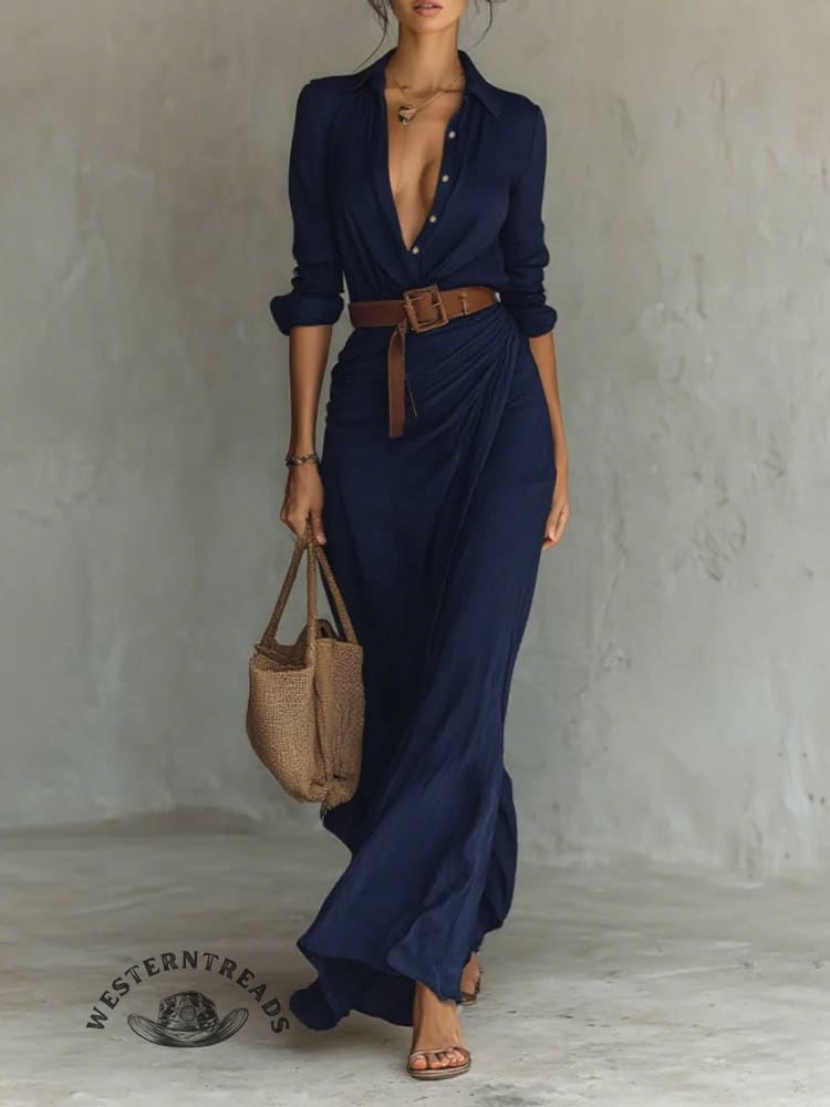 Long Sleeve Half Button Turndown Collar Ruched Belt Maxi Dresses