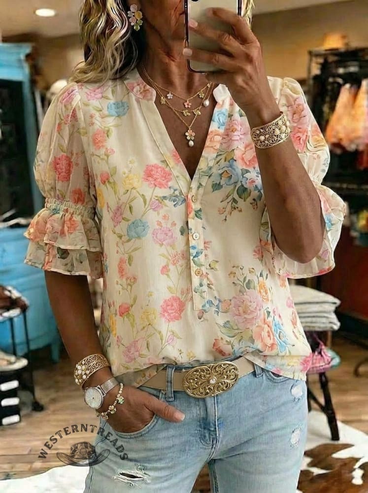 Women's Vintage Floral Print Casual Chiffon Ruffle Shirt