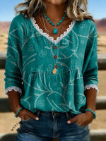 Women's Vintage Flowers Print Off-shoulder Patchwork Casual Shirt
