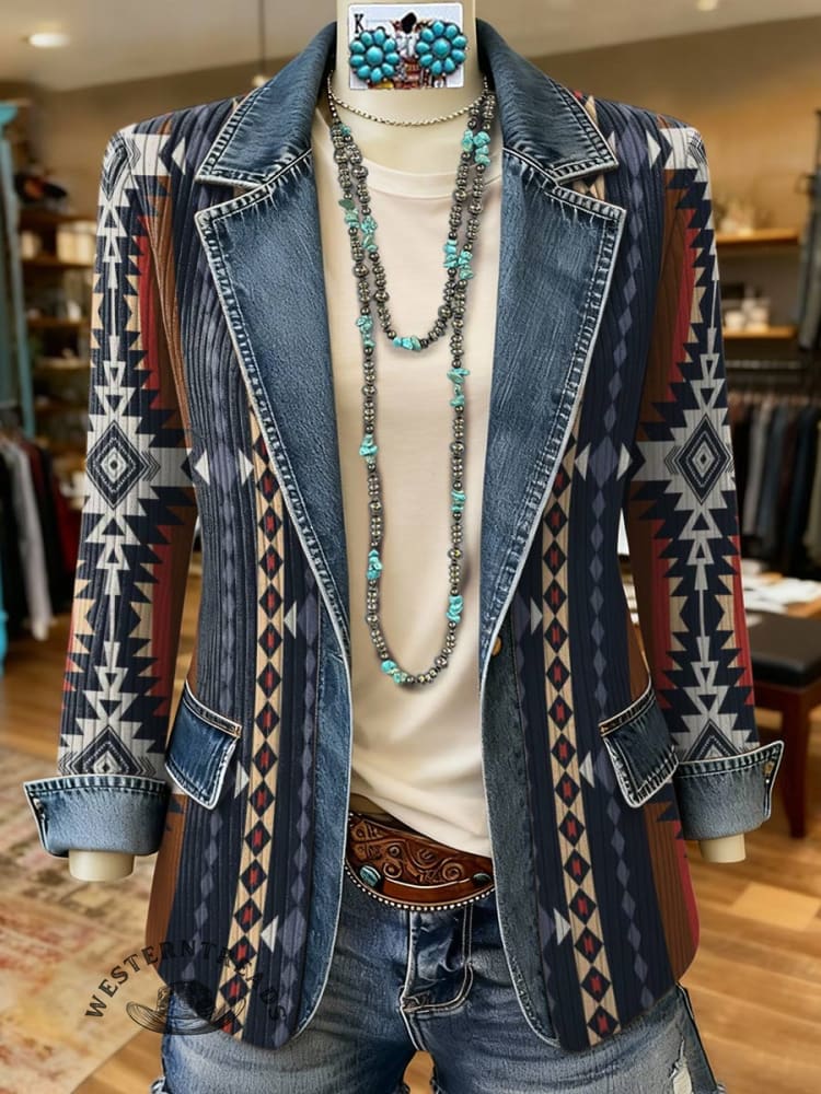 Aztec Print Patchwork Denim Sweater