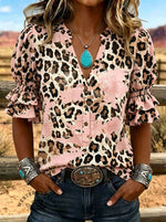 Women's Leopard T Print Puff Sleeve Casual Shirt
