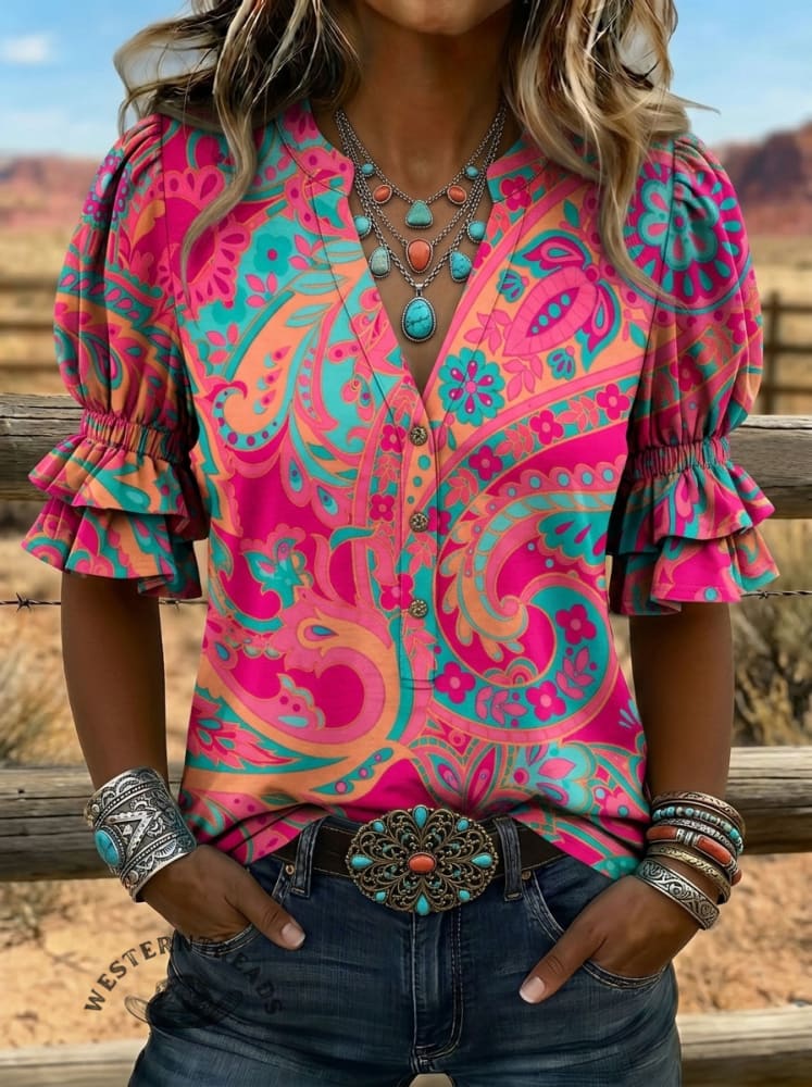 Paisley Art Print V-neck Puff Sleeve Ruffle Shirt