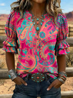 Paisley Art Print V-neck Puff Sleeve Ruffle Shirt