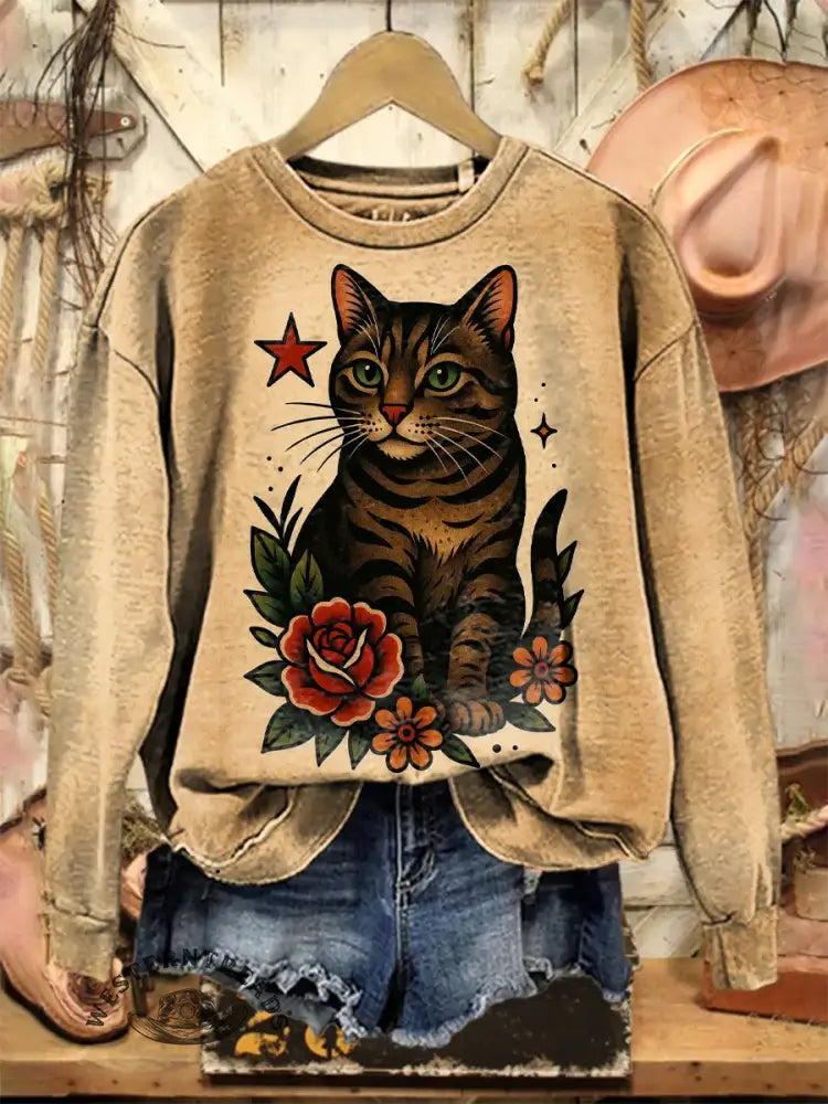 Vintage Cat Art Print Sweatshirt