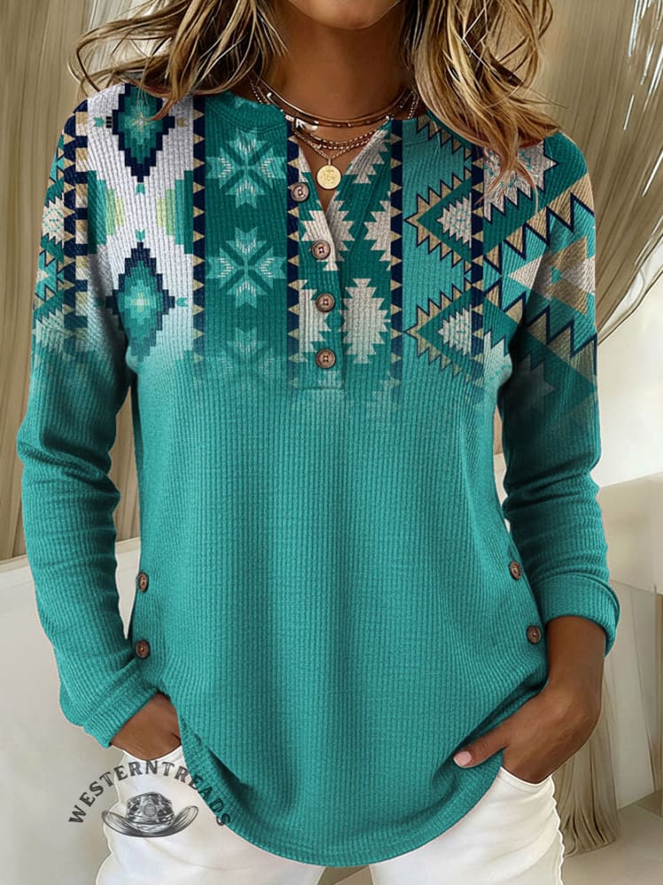 Women's Retro Aztec Pattern Print Casual Corduroy Top