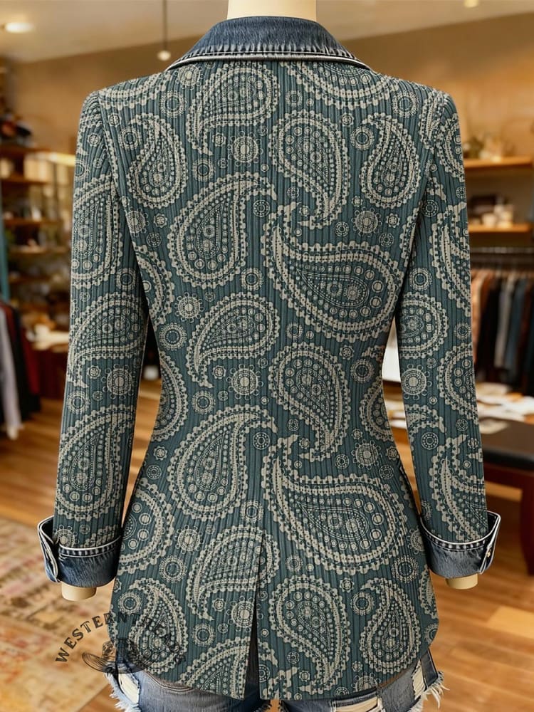 Paisley Print Patchwork Denim Coat