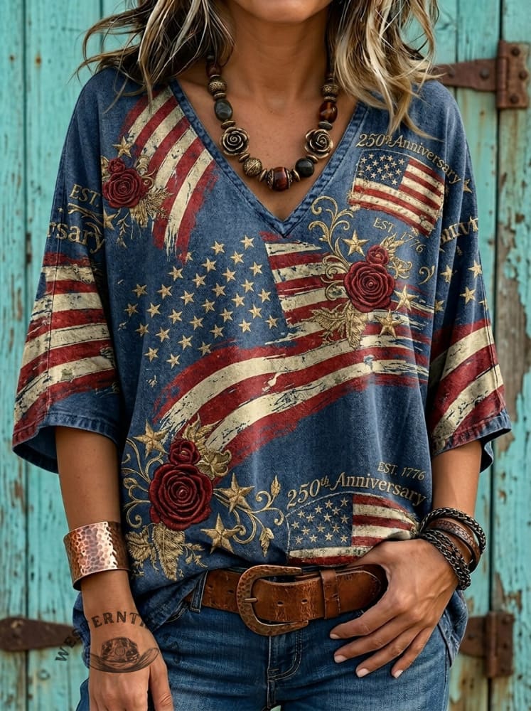 Americana 4th Of July Printed Casual V-neck Denim Top
