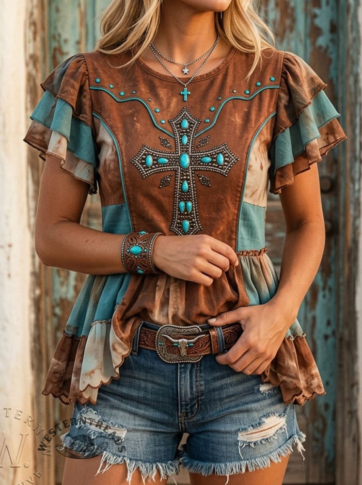 Women's Retro Western Art Print Casual Ruffle Shirt