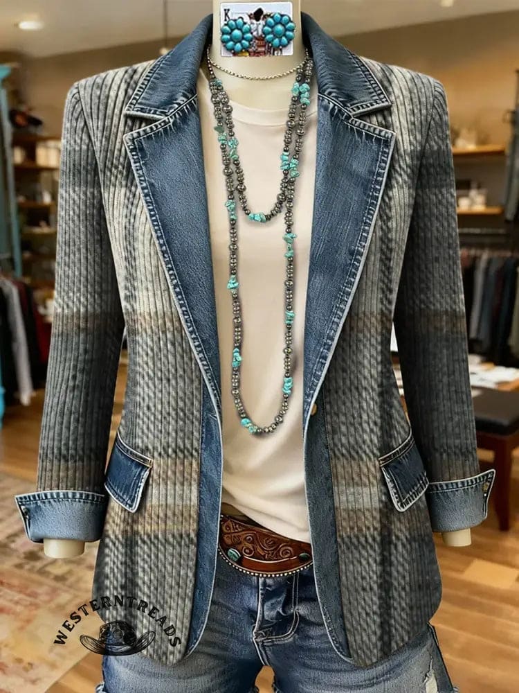 Vintage Plaid Art Print Patchwork Denim Sweater Cardigan Coat
