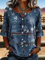 Women's Vintage Print Casual Hollow Denim Shirt