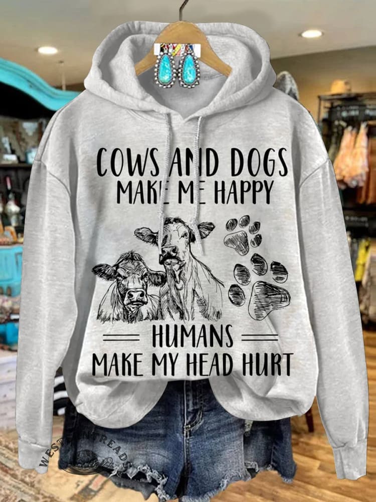 Cows And Dogs Make Me Happy Print Casual Hoodie Sweatshirt
