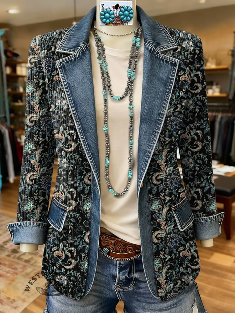 Paisley Print Patchwork Denim Sweater