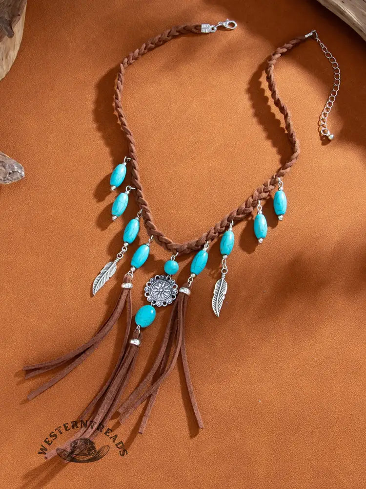 Bohemian Vintage Ethnic Style Turquoise Pendant Woven Tassel Velvet Choker Necklace