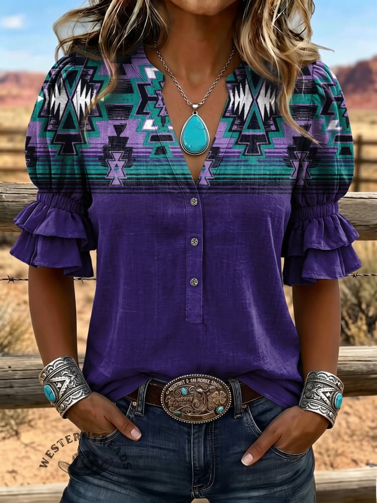 Women's Vintage Art Puff Sleeve Casual Shirt