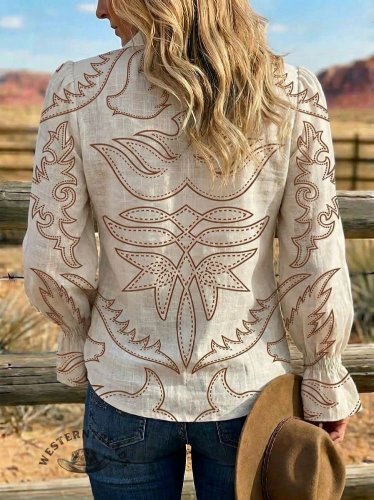 Women's Retro Cowboy Art Ruffles Sleeve Casual Shirt