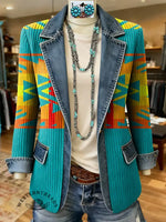 Retro Aztec Print Patchwork Denim Sweater Cardigan Coat