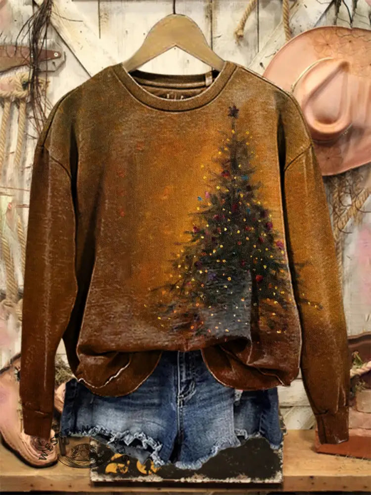 Vintage Christmas Tree Art Print Casual Cotton Sweatshirt
