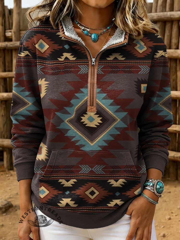 Retro Aztec Print Casual Half-zip Cotton Sweatshirt