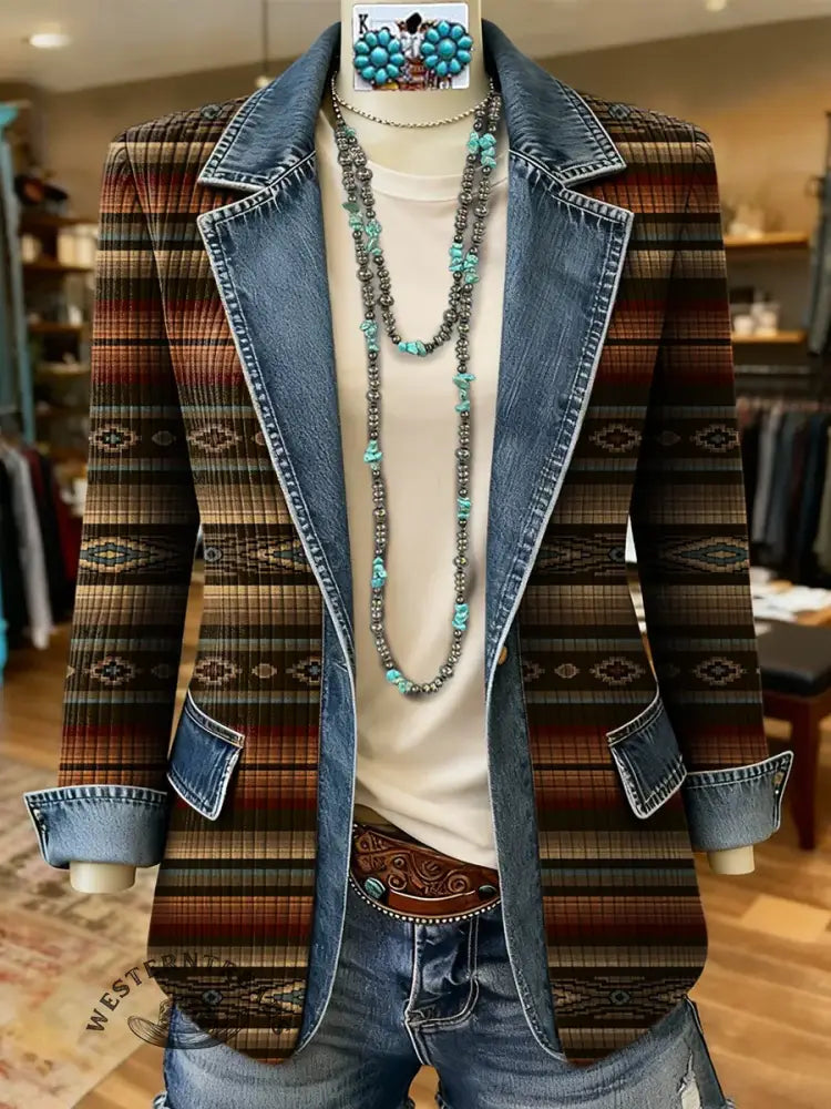 Retro Aztec Print Patchwork Denim Sweater Cardigan Coat