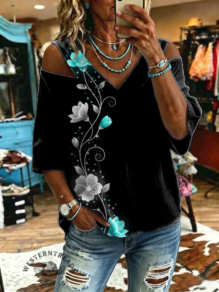 Women's Vintage Flowers Print Off-shoulder Patchwork Casual Shirt