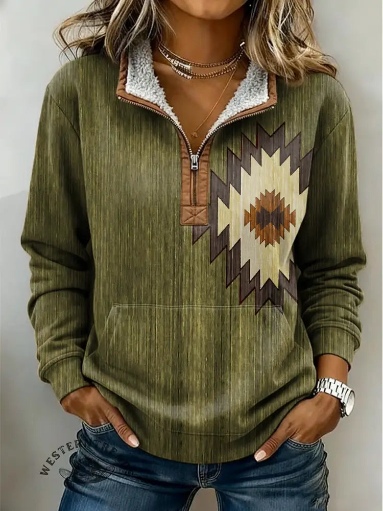Aztec Retro Texture Casual Half-zip Cotton Sweatshirt