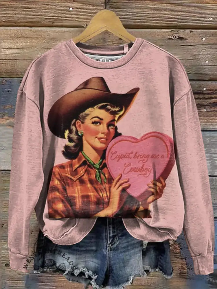 Retro Western Valentine's Day Print Casual Sweatshirt