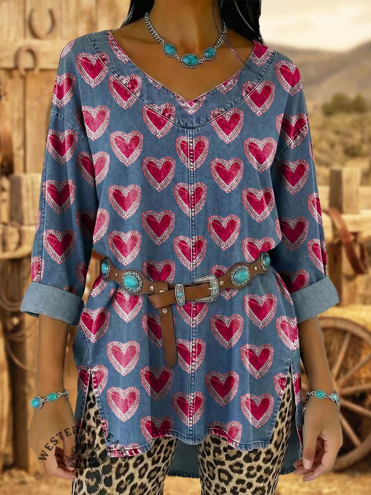 Vintage Elegant Denim Heart Valentine's Day Aztec Art Shirt