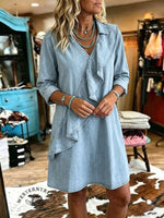 Women's Vintage V-neck Ruffles Patchwork Denim Dress