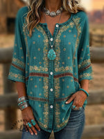 Vintage Floral Print Casual 3/4 Sleeves Hollow Denim Shirt