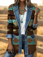 Retro Aztec Art Print Patchwork Denim Sweater Cardigan Coat
