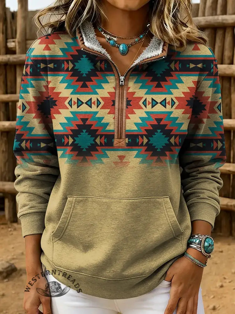 Vintage Aztec Print Casual Half Zip Cotton Sweatshirt