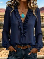 Western Boho Chiffon Blouse - Ruffle V-neck Zipper Top