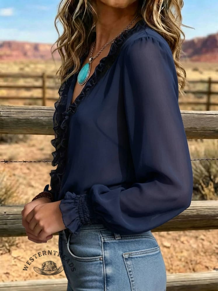 Western Boho Chiffon Blouse - Ruffle V-neck Zipper Top