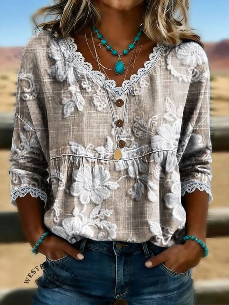 Women's Vintage Floral Print Casual Hollow-Out Denim Shirt