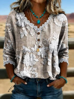 Women's Vintage Floral Print Casual Hollow-Out Denim Shirt