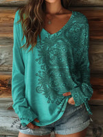 100% CottonšRetro Flower Women's V-neck Long-sleeved Shirt