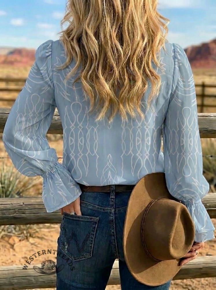 Women's Retro Cowboy Art Ruffles Sleeve Casual Shirt
