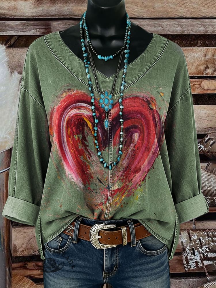 Vintage Heart Casual Denim Top