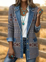 Retro Art Print Patchwork Denim Sweater Cardigan Coat
