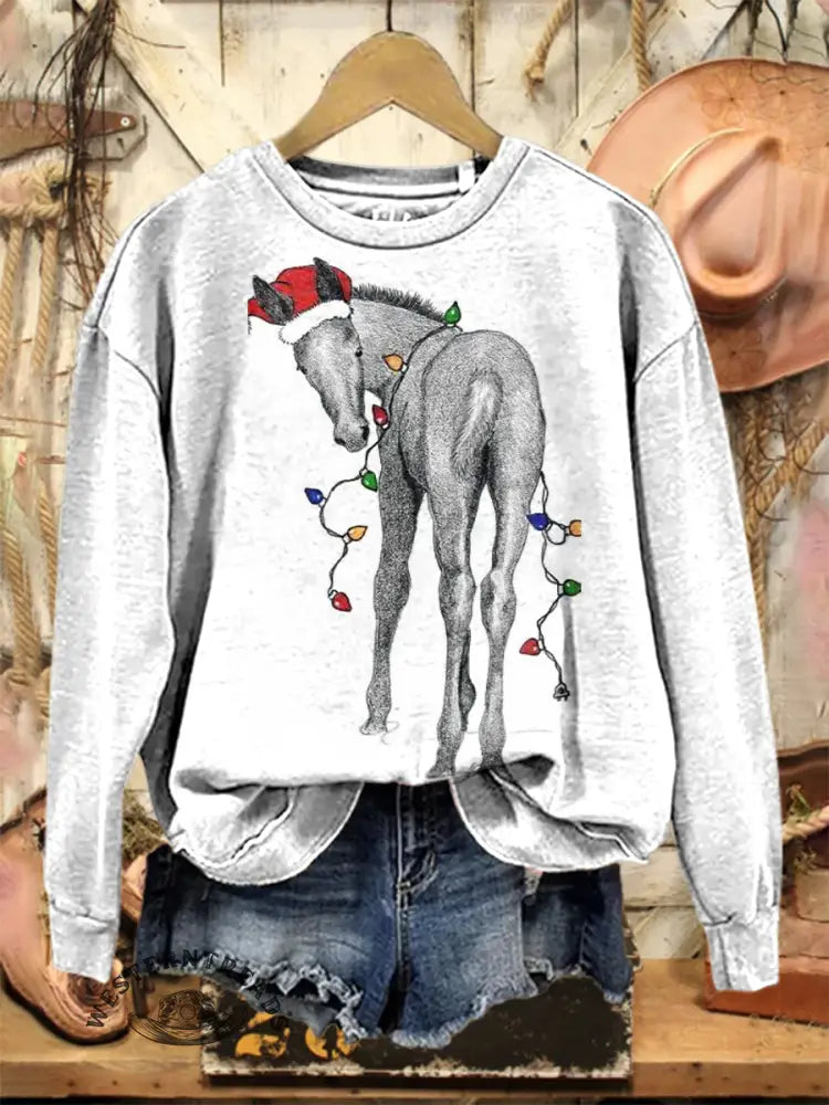 Vintage Art Christmas Print Casual Cotton Sweatshirt